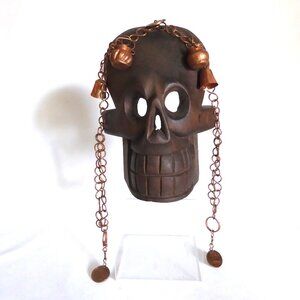 VINTAGE NEW 9” CARLOS SALAZAR HAND CARVED WOOD COPPER SKULL MASK WALL HANGING